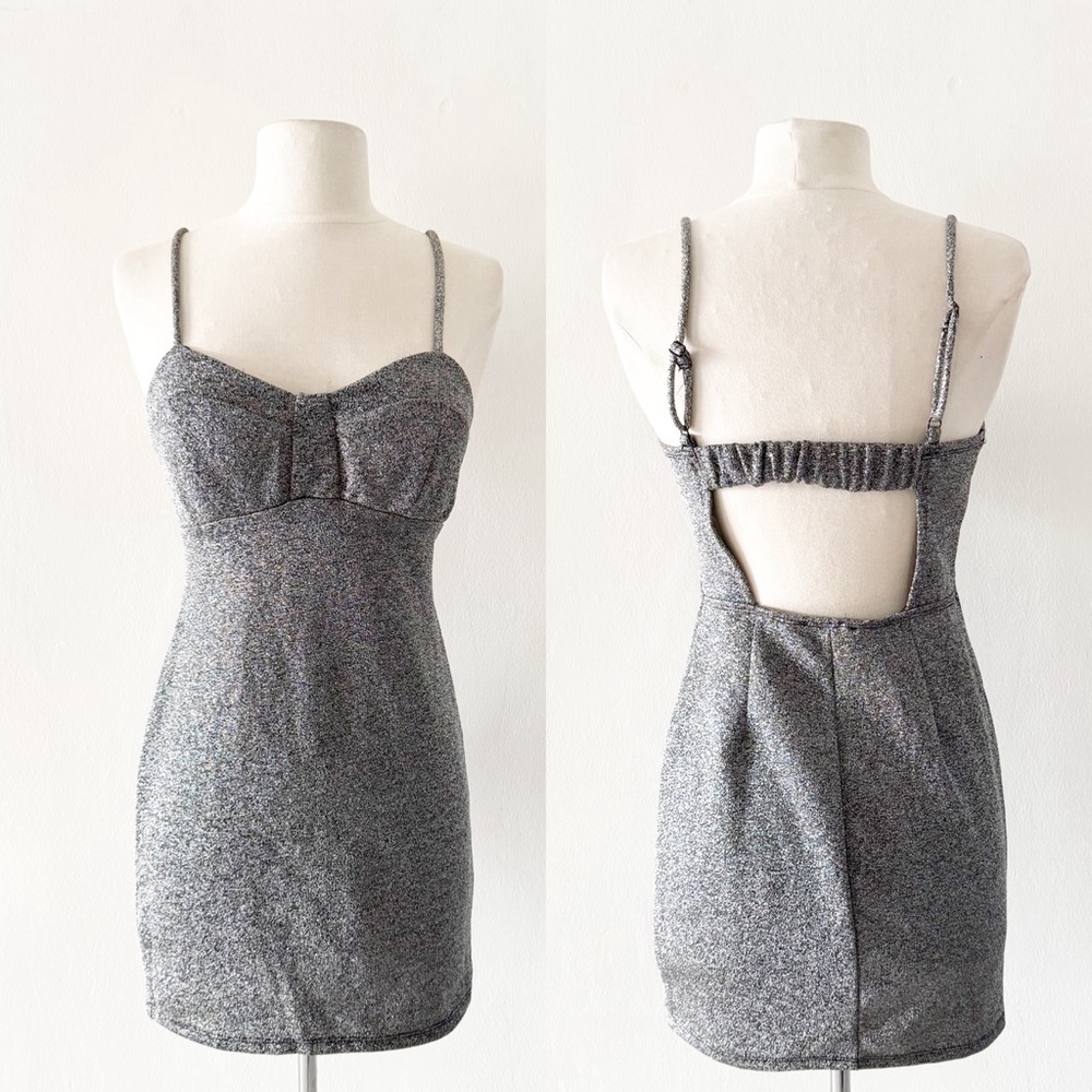 AS U WISH Silver Sparkly Metallic Molded Cup Mini Dress Size Small (S)
